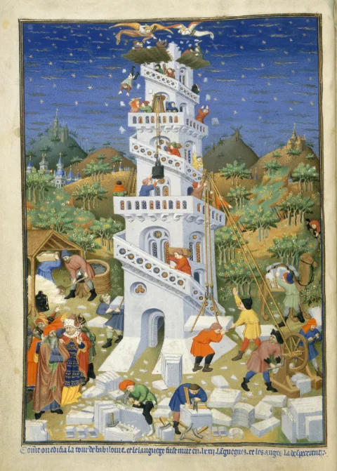 The Tower of Babel under construction, with masons, hoists and scaffolds, from the Bedford Hours.