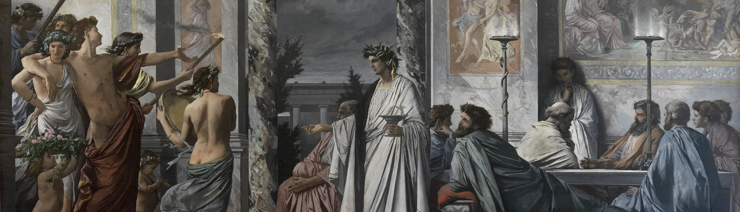 Plato's Symposium painted by Anselm Feuerbach: a drunken Alcibiades arrives with torch-bearers at the left while Socrates and the guests recline at the right.