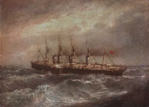 The steamship Great Eastern laying the Atlantic telegraph cable under storm clouds, painted by Henry Clifford in 1865.